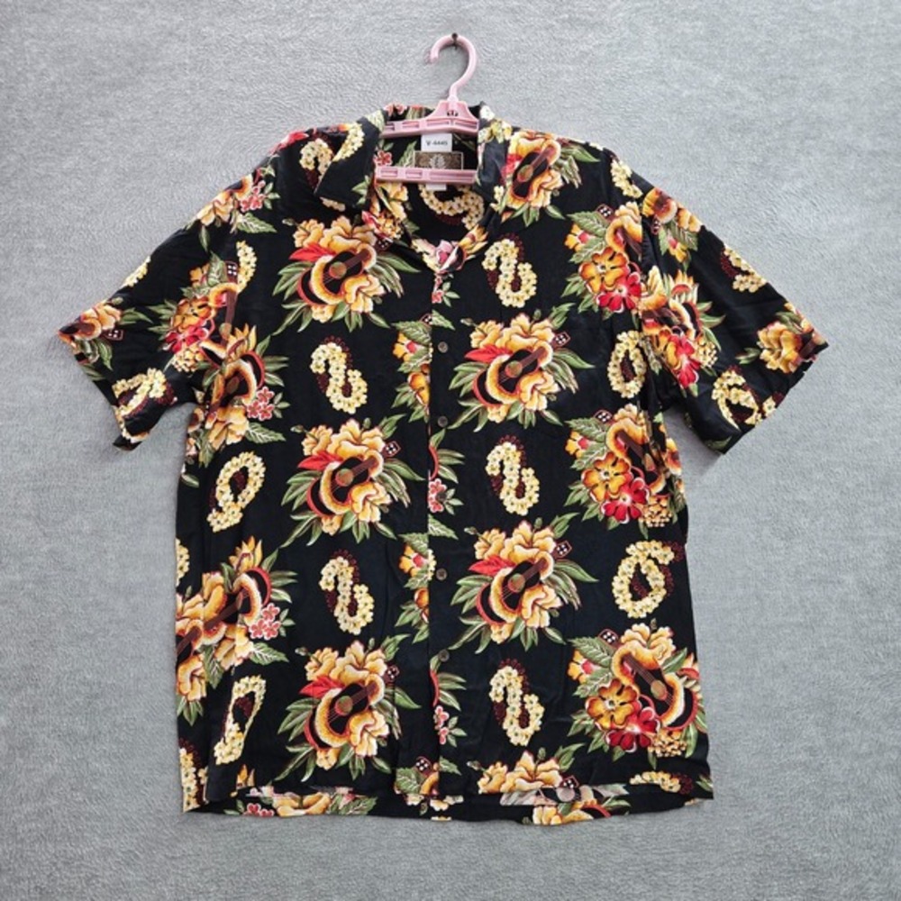 VINTAGE Kalaheo Men Button Shirt L Black‎ Floral Snakes Guitar 90s